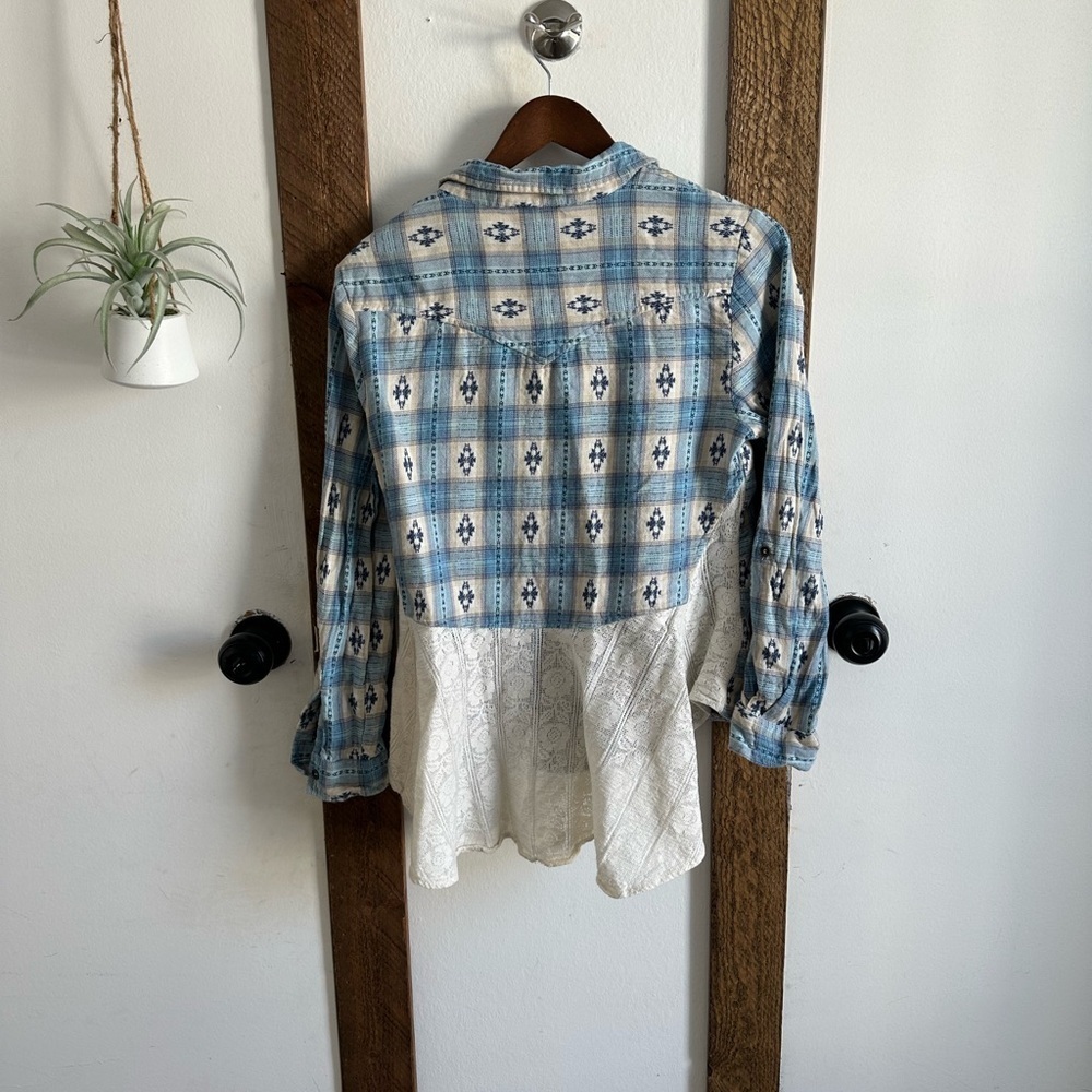 VTG 90s Angie Women S Southwestern Button Up Top Lace Peplum Blue Plaid Boho - Picture 6 of 15